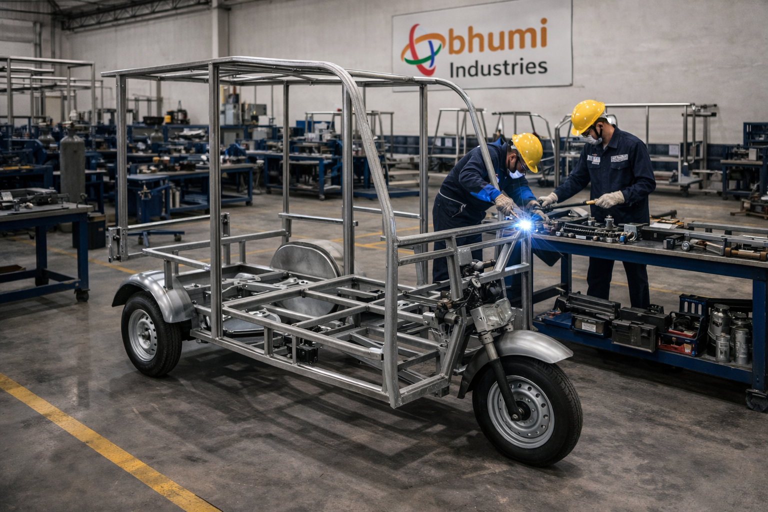 Bhumi Industries e-rickshaw chassis and body work